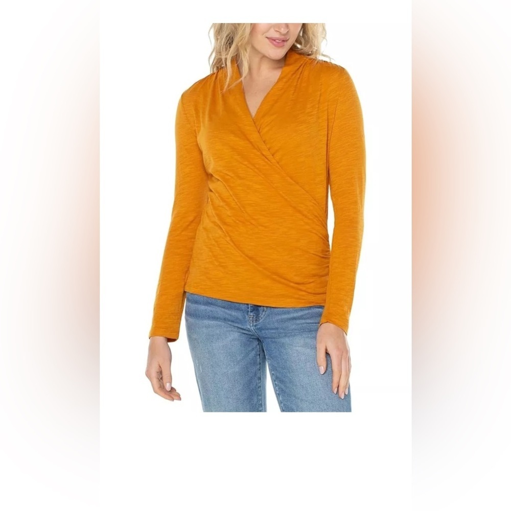 NEW Womens Liverpool Los Angeles Faux Wrap Top Blouse Shirt Rich Gold $59